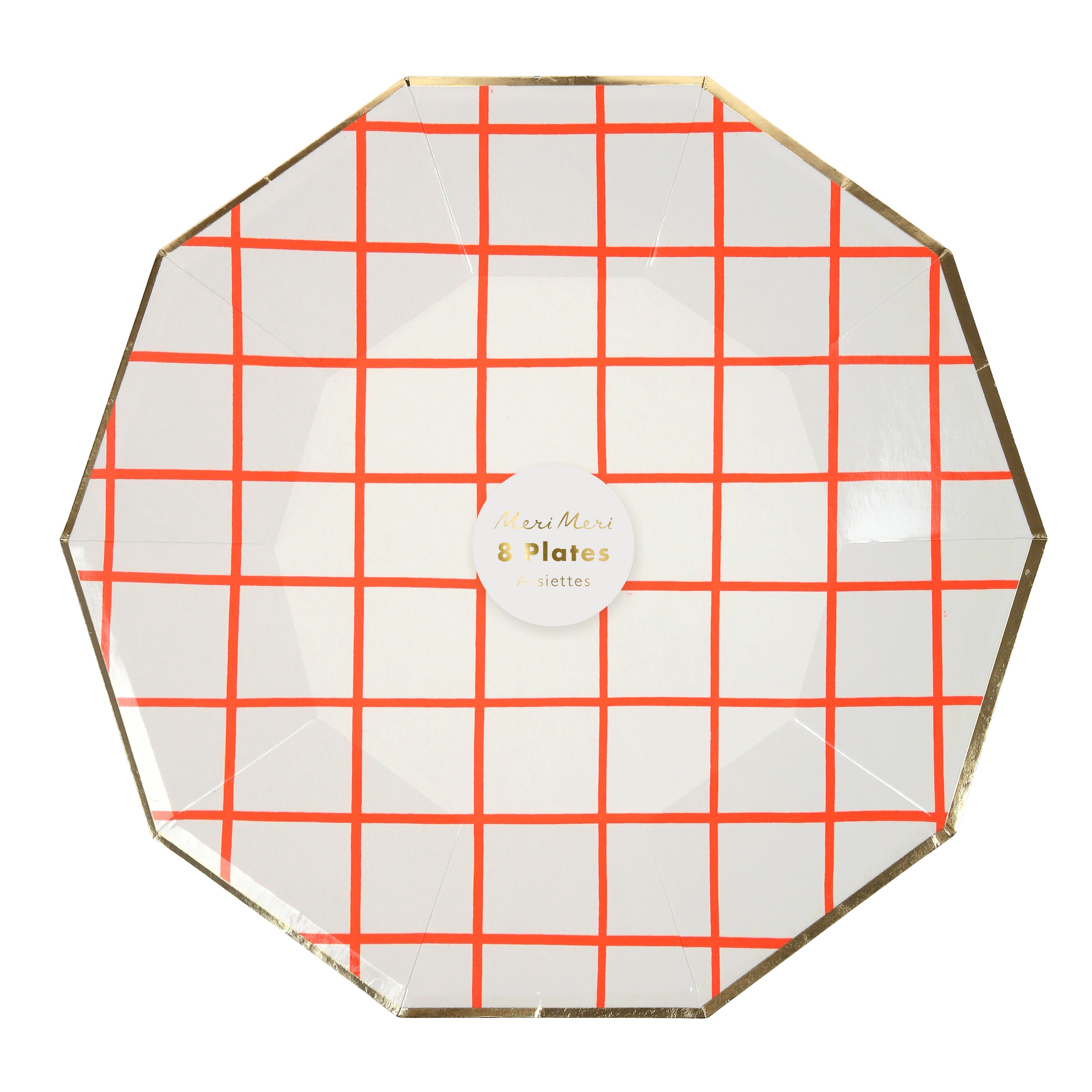 Meri Meri - Neon Coral Grid Plates 8pcs - Large - Coral