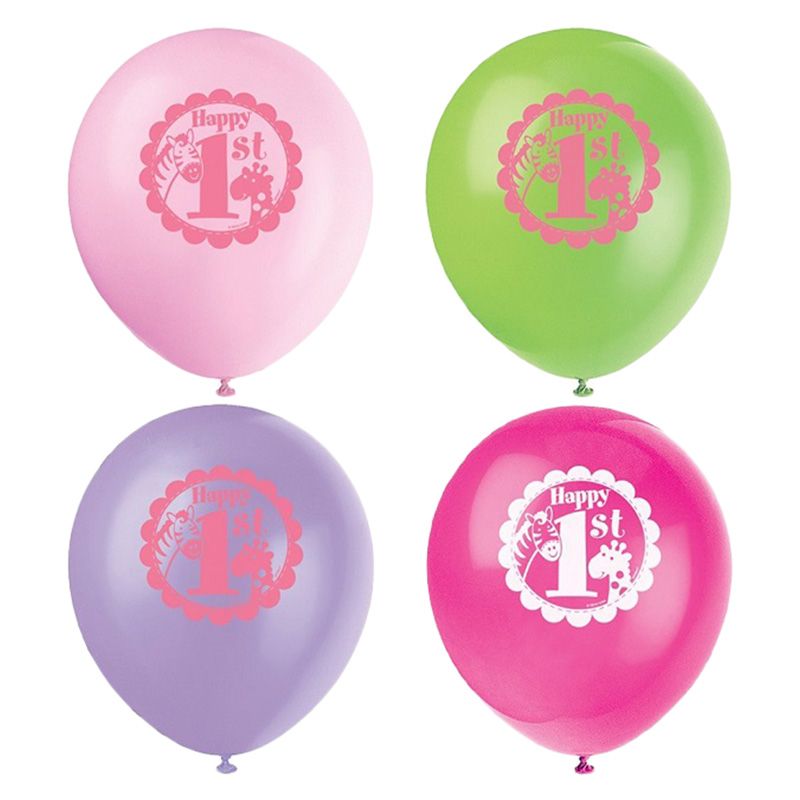 Unique - Pink Safari 1st Birthday Balloons - 8 pk