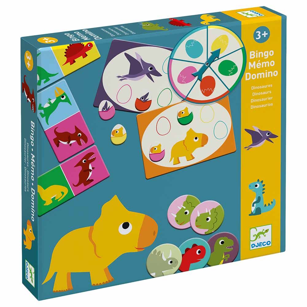 Djeco - 3-in-1 Dinosaur Bingo, Memo & Dominoes Game