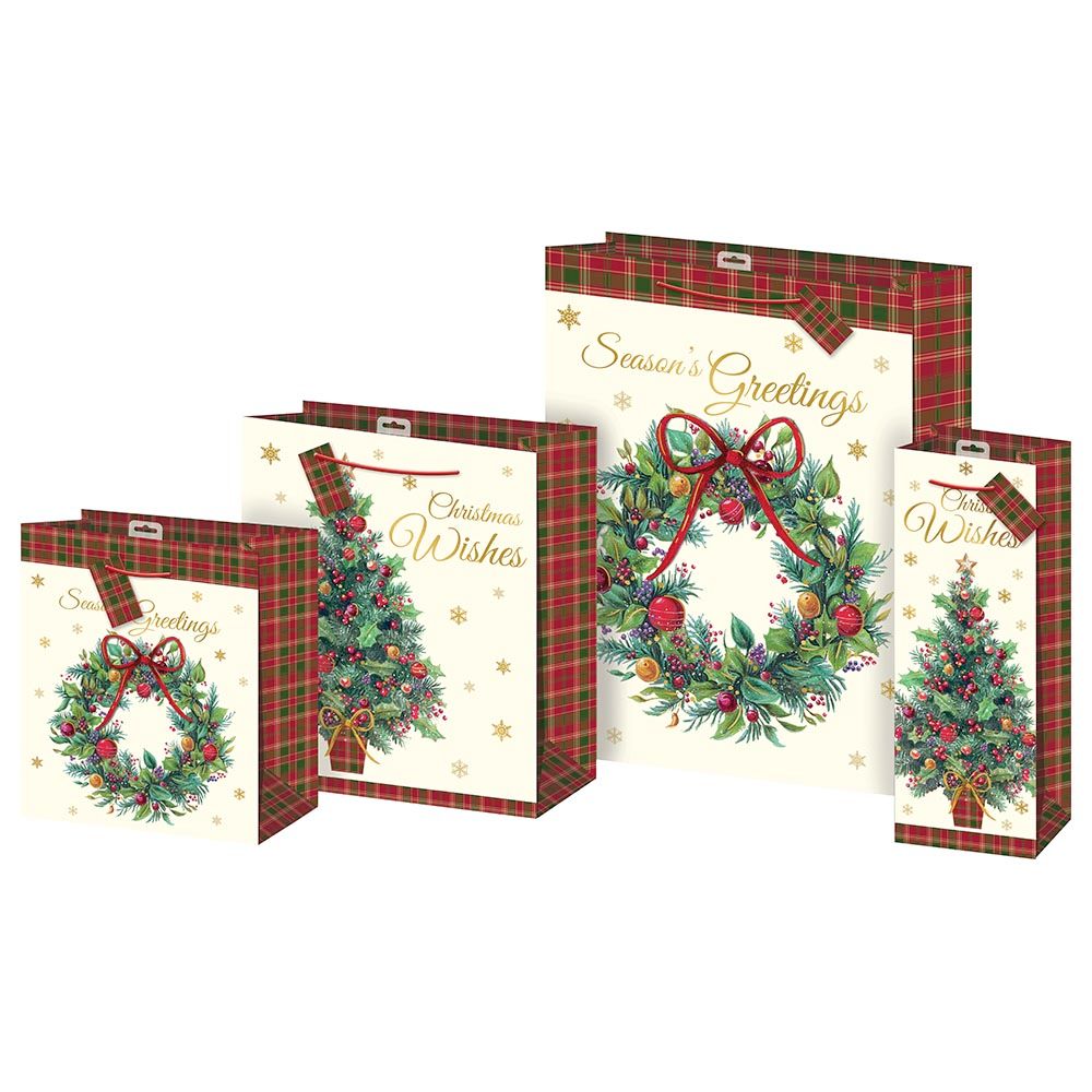 Giftmaker - Traditional Tree & Wreath Gift Bag - Medium- White