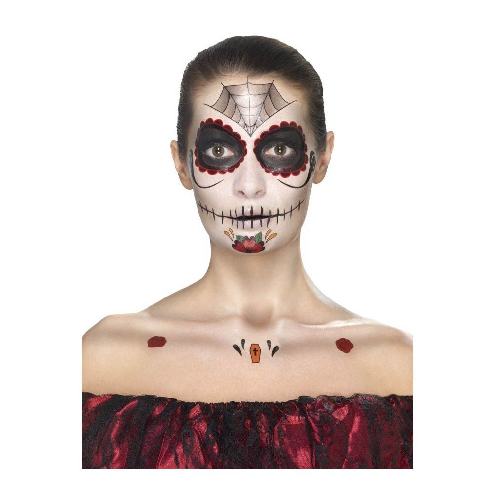 Smiffys - Day Of The Dead Face Tattoo Transfers Kit For Women Red