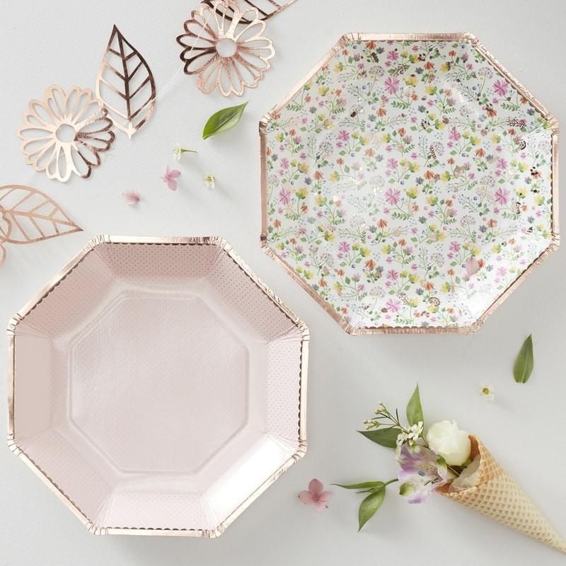 Ginger Ray - Rose Gold Foiled Ditsy Floral Paper Plates 8pcs