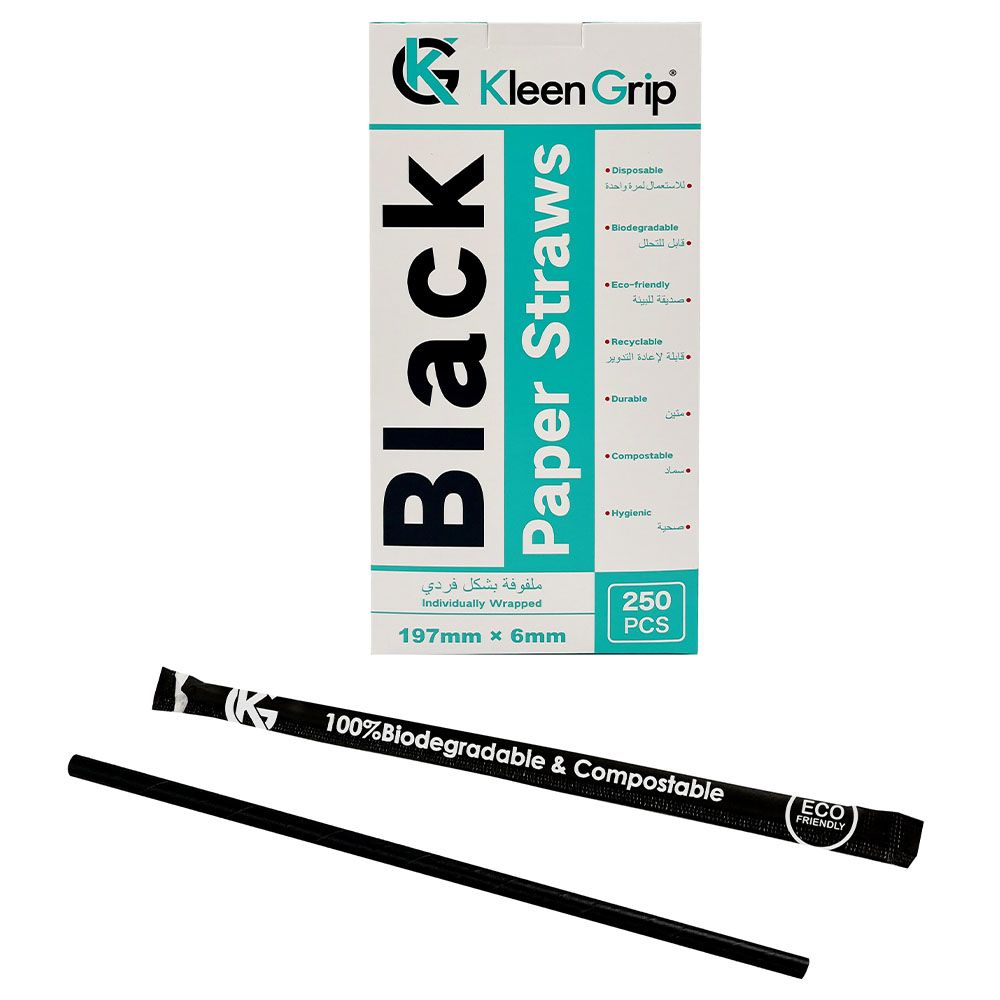 Kleen Grip - Straight Paper Straws 19.7cm - 250pcs - Black