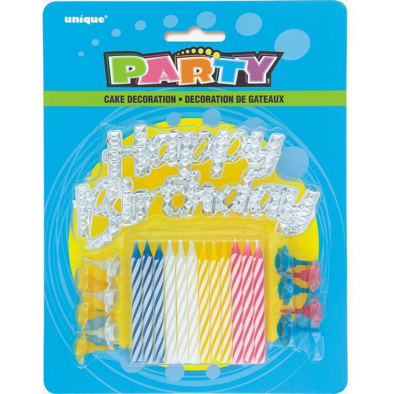 Unique - Happy Bday Silver Cake Topper W 12 Candles & Holders