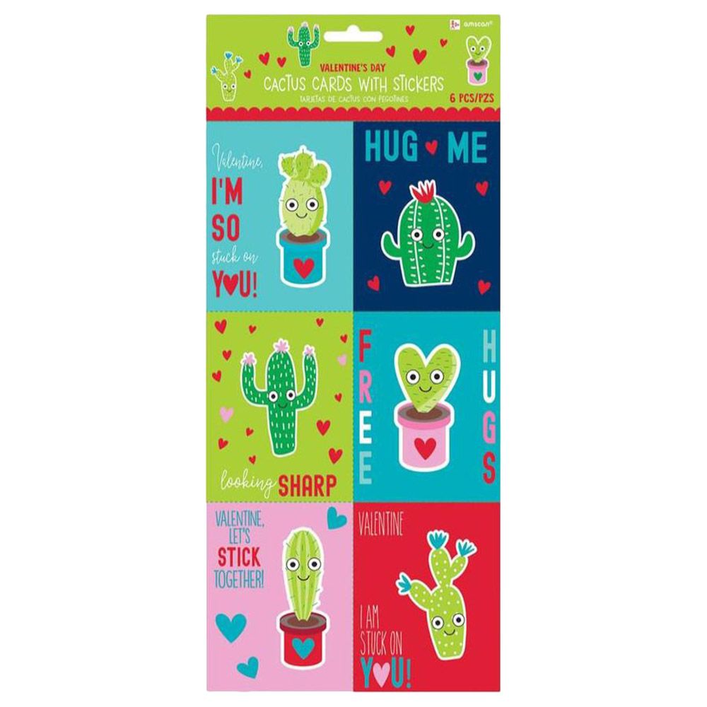 Valentines Cactus Cards With Puffy Sticker Card 6pcs