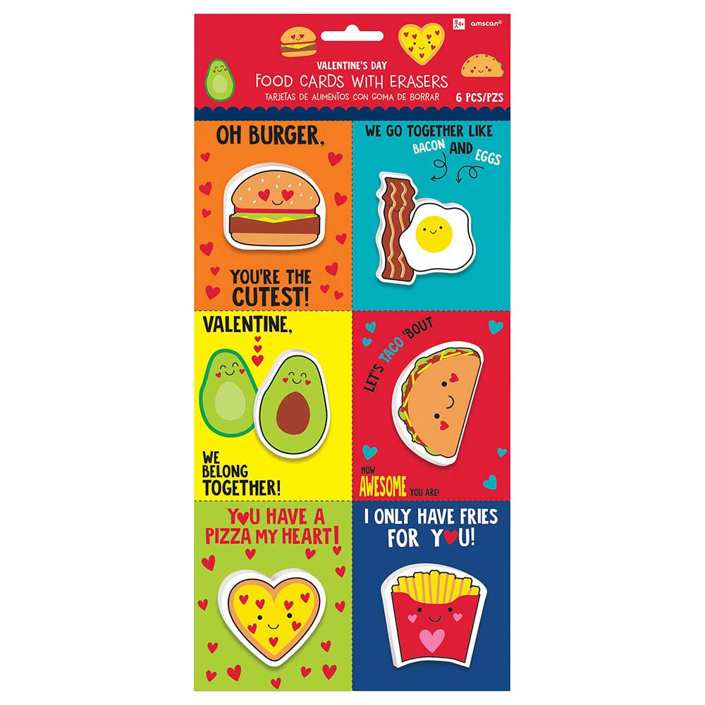 Food Valentine Cards With Eraser 6pcs