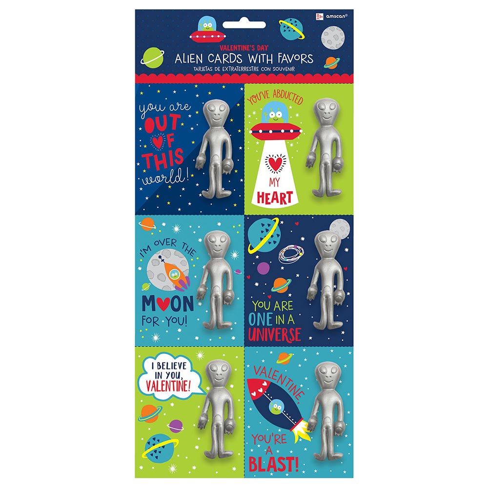 Alien Valentine Cards w/ Stretchy Figure 6pcs