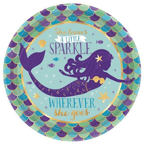 Mermaid Wishes Round Metallic Paper Plates 7"