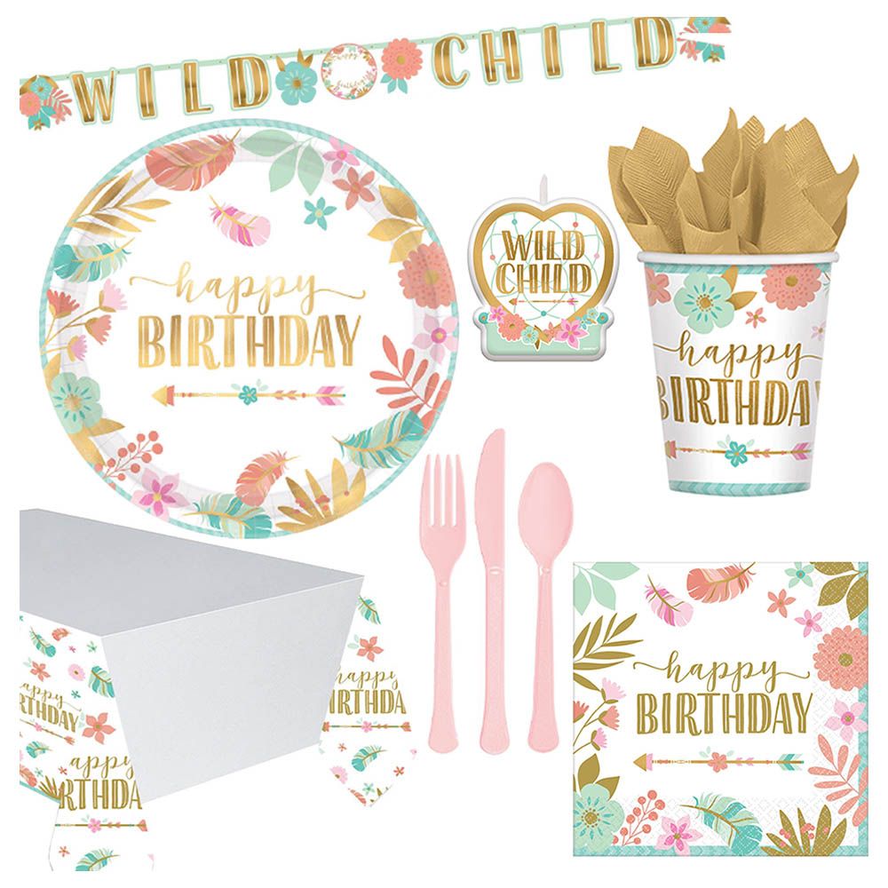 Party Center - Boho Birthday Tableware Supplies For 8 Guests