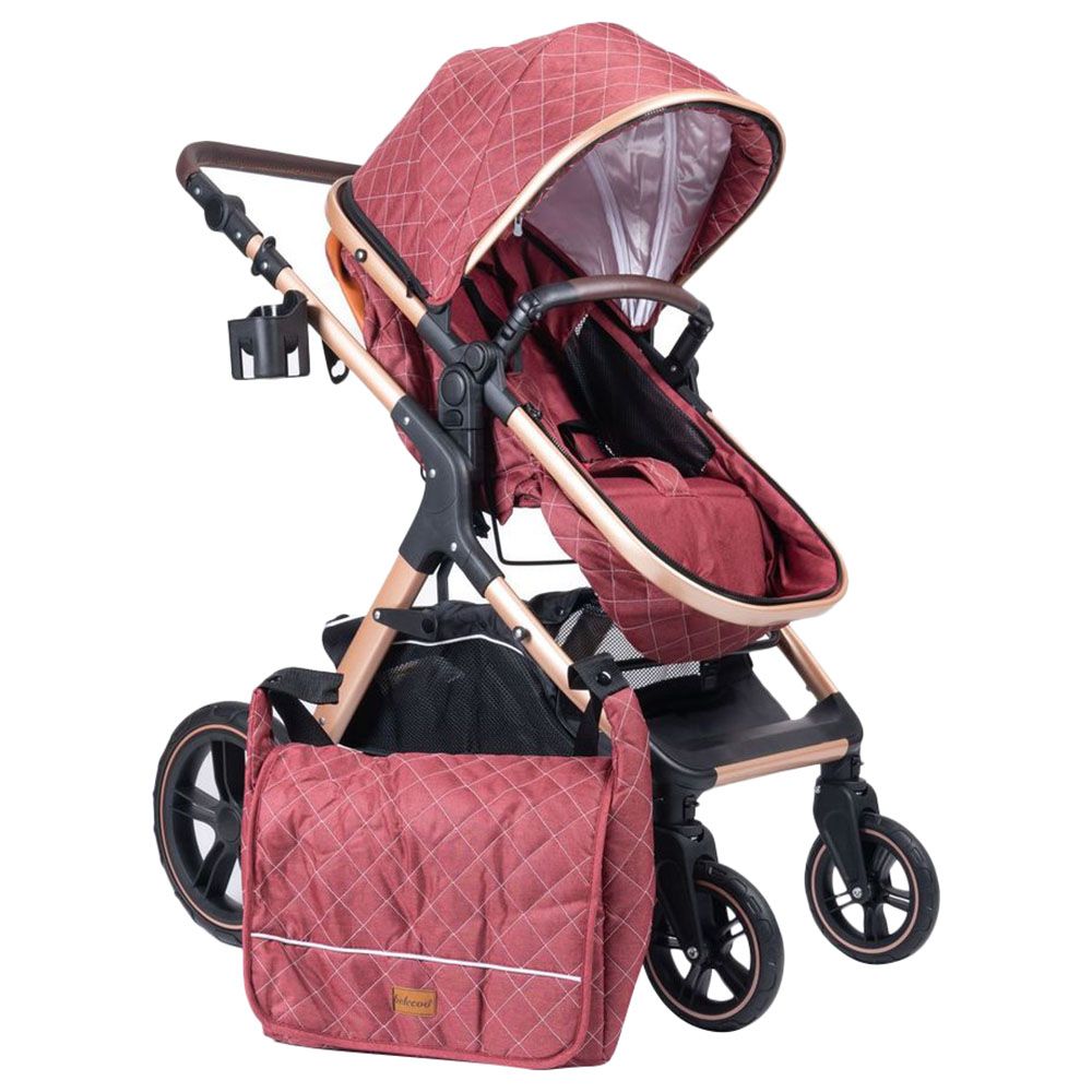 Belecoo - One Fold-To-Half Luxury Pram W/ Diaper Bag - Red