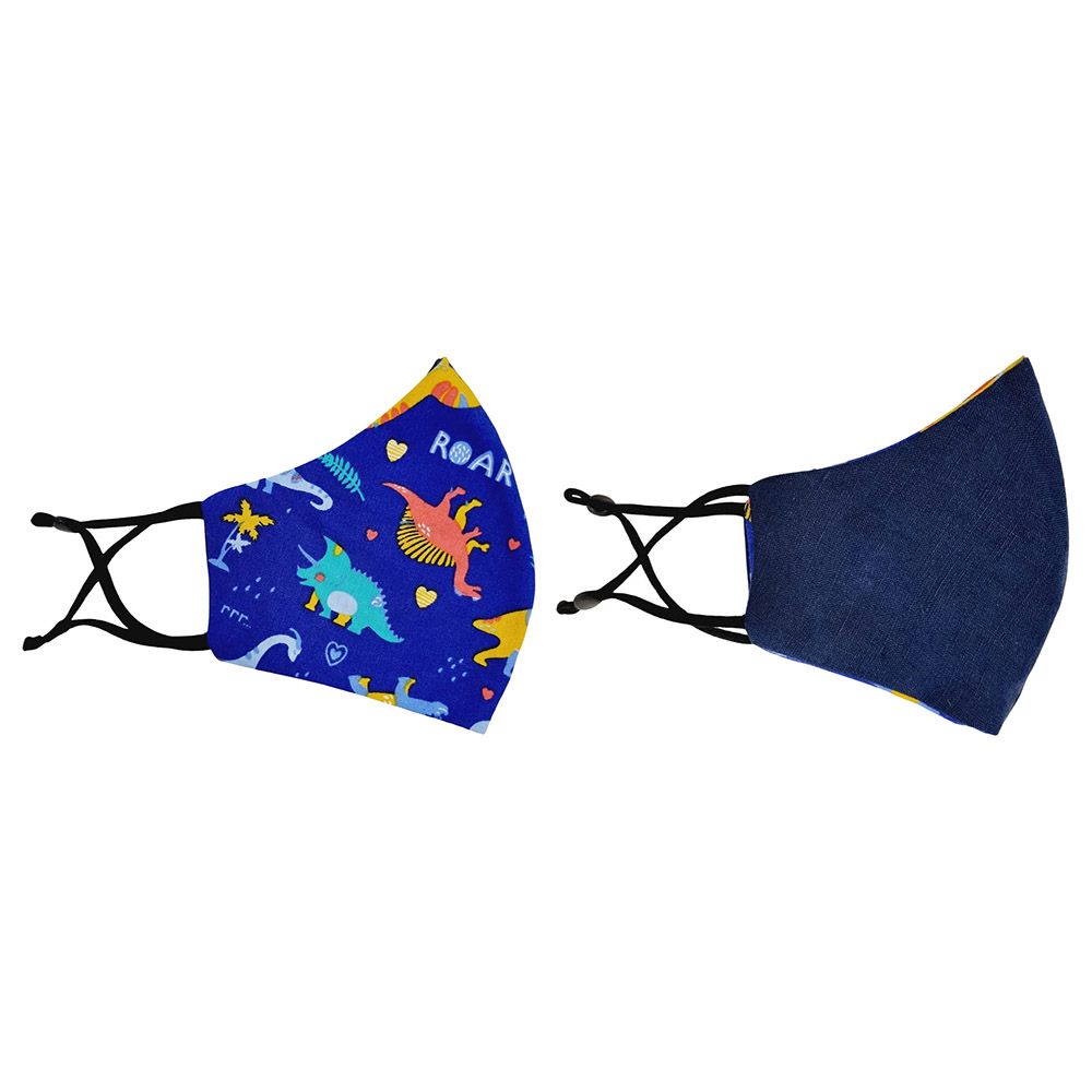 Wild Tribe - Linen Reversible Kids Face Mask - Light Dino & Navy Blue