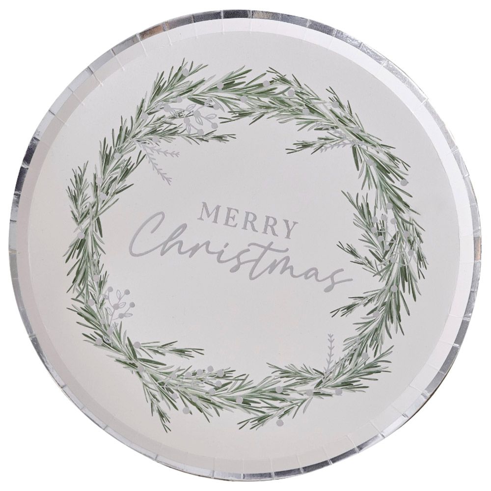 Ginger Ray - Merry Christmas Wreath Paper Plate - 8pcs - Silver