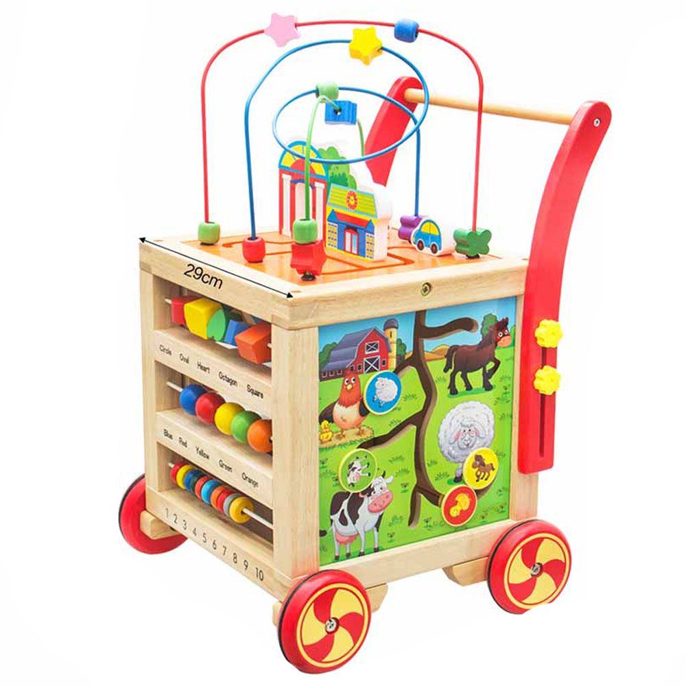 Factory Price - Wooden Baby Walker Trolley With Activity Cube