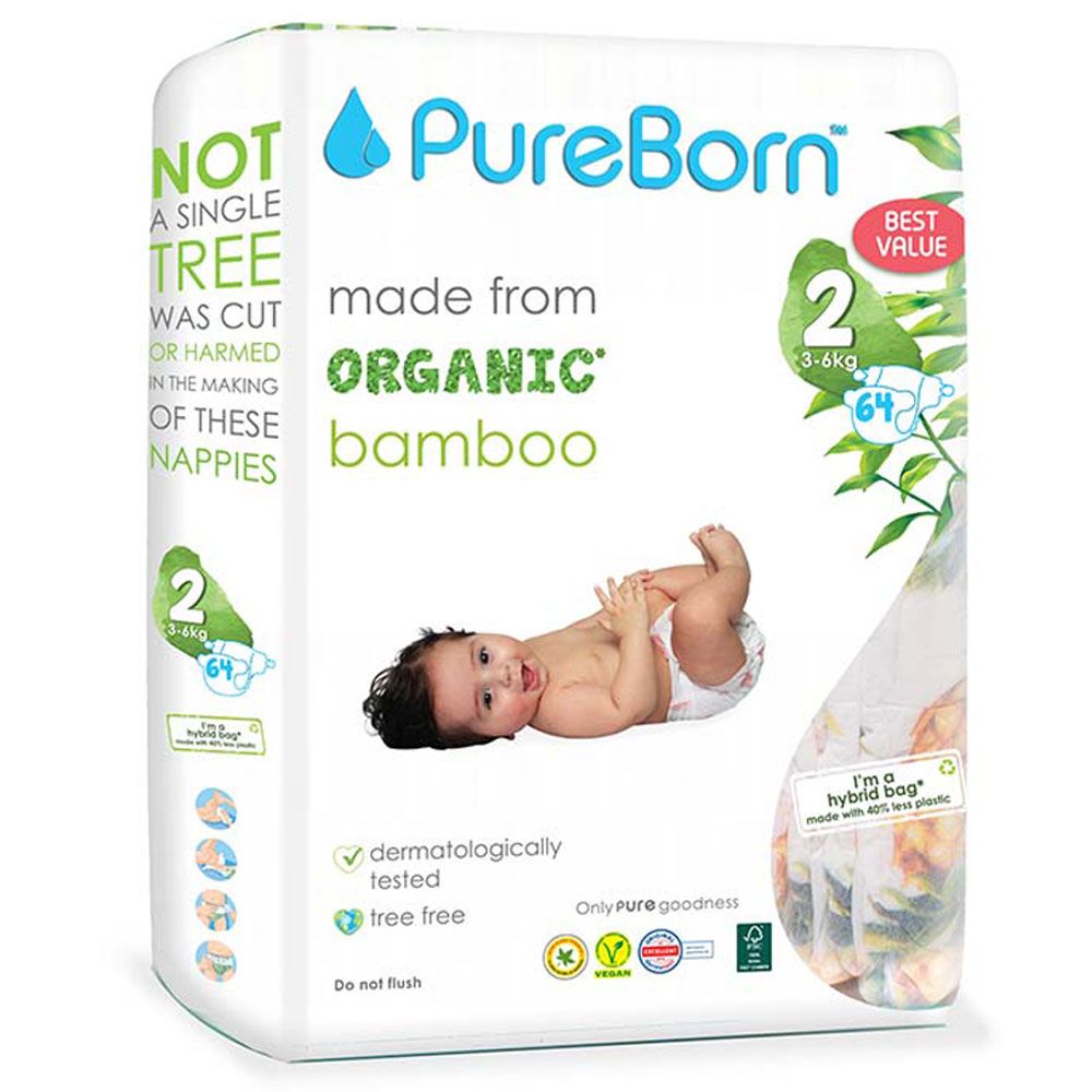 Pureborn Size 2 Value Pack 3-6Kg 64pcs - Design May Vary