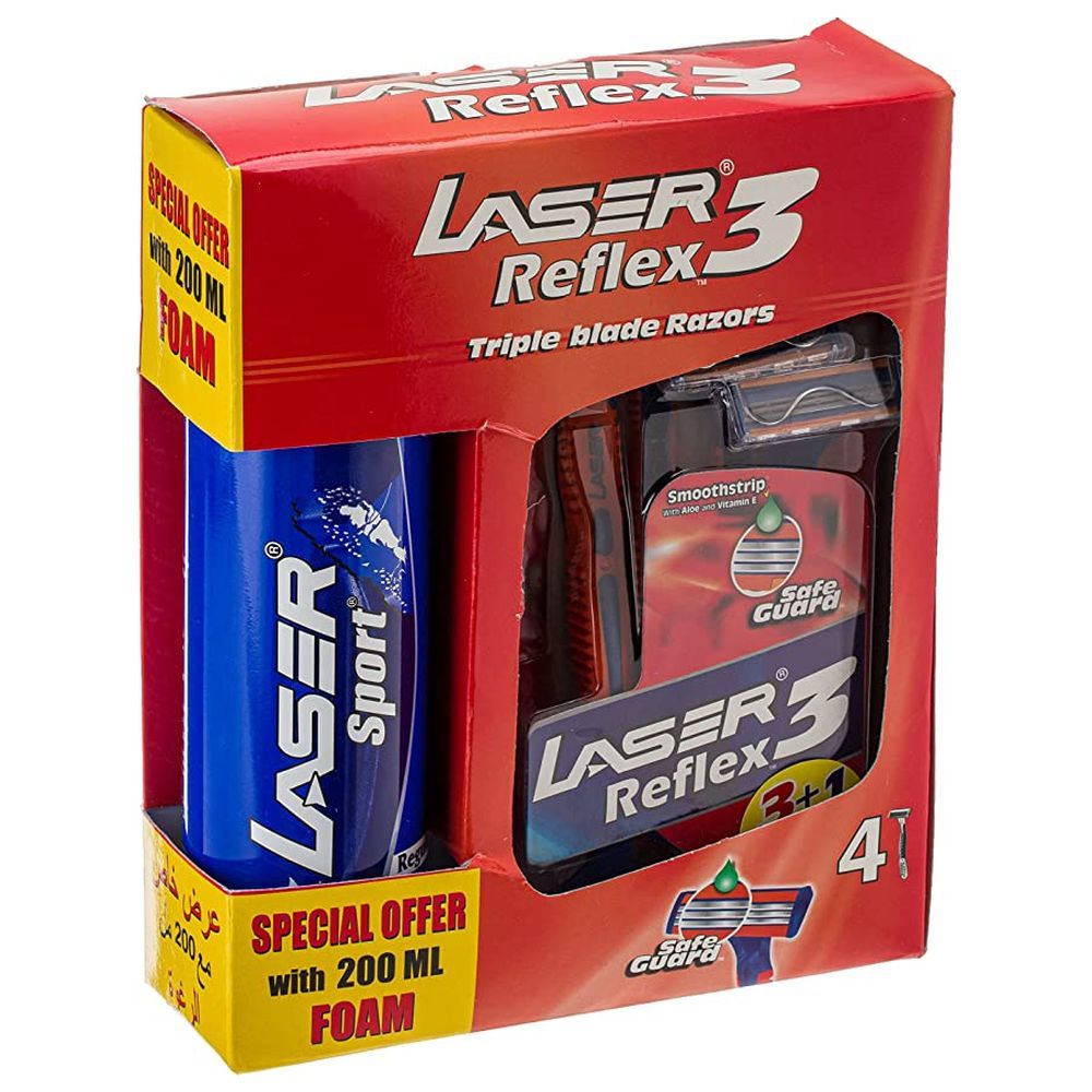 Laser - Reflex 3 Blade Disposable Shaving Razor 4 Pieces+ Laser Sport Shaving Foam 200Ml