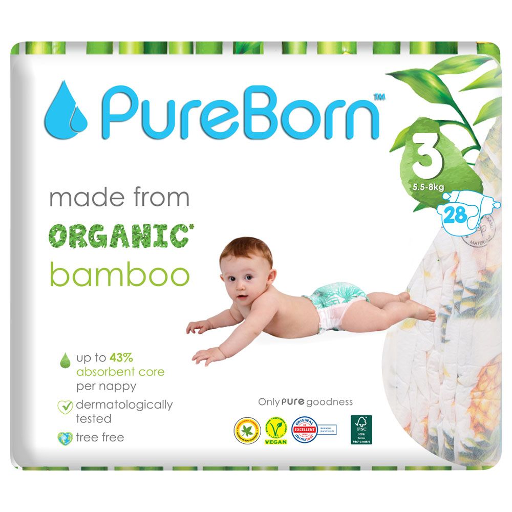 Pureborn - Single Pack Nappies 5.5-8kg Size 3 - 28pcs - Leopard