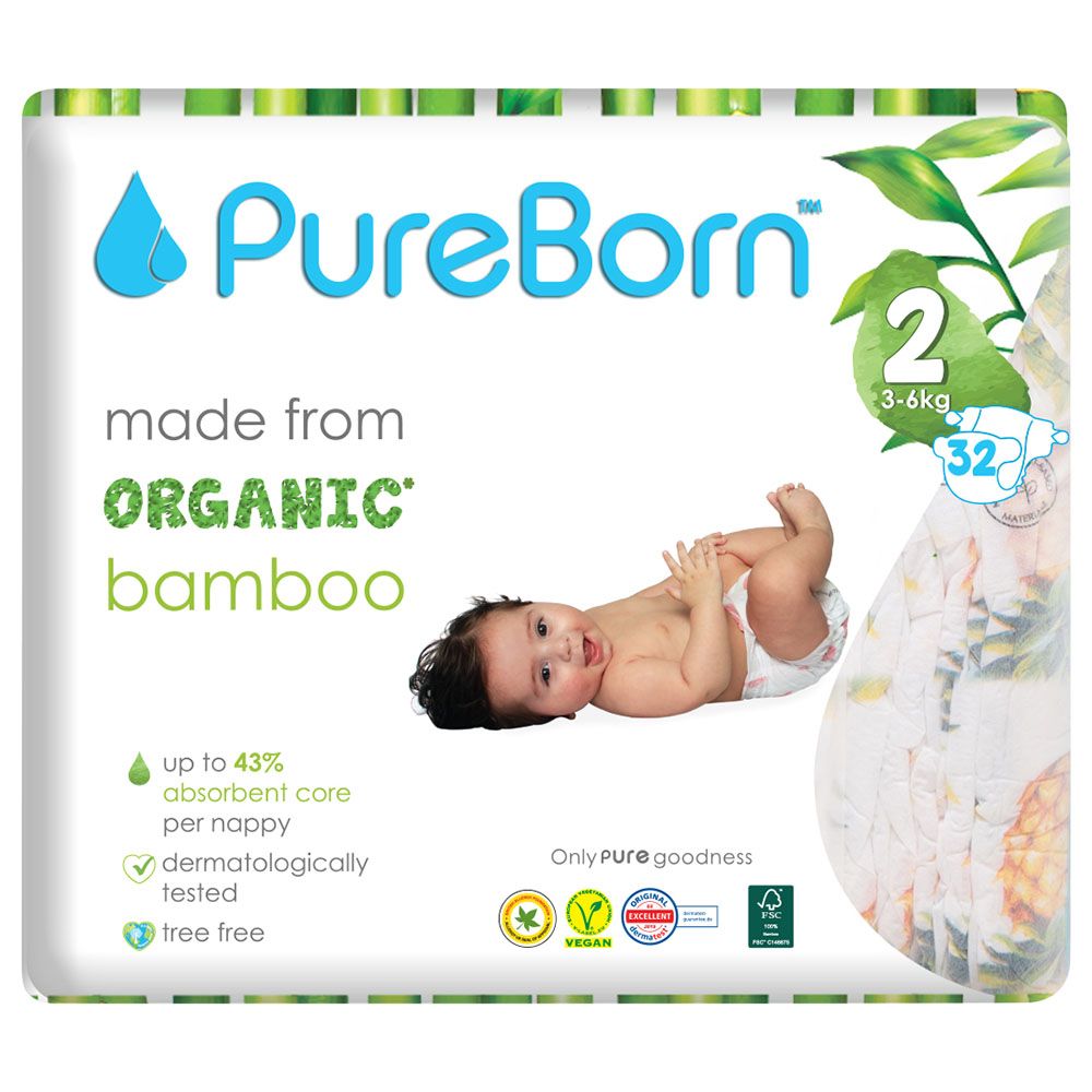 Pureborn - Single Pack Nappies 3-6kg Size 2 - 32pcs - Daisy 