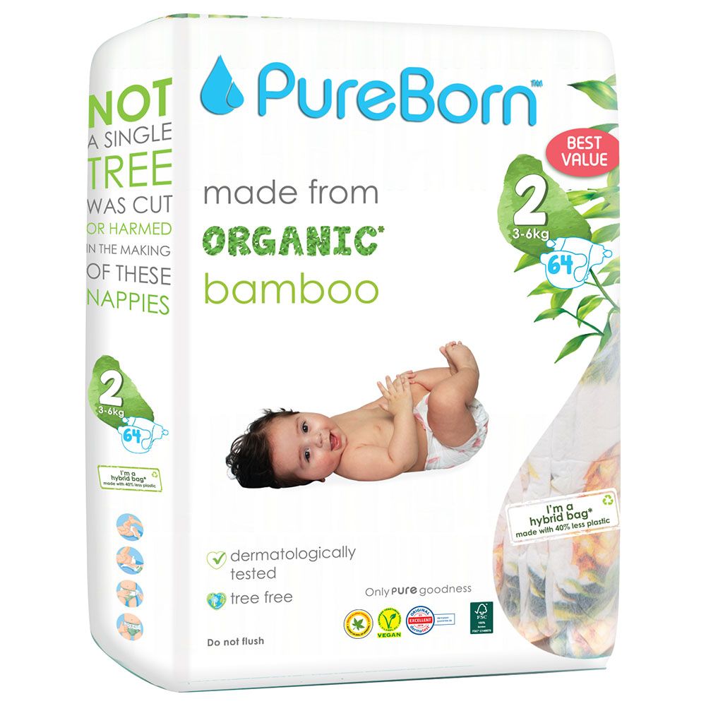 Pureborn - Value Pack Nappies 3-6kg Size 2 - 64pcs - Tropic