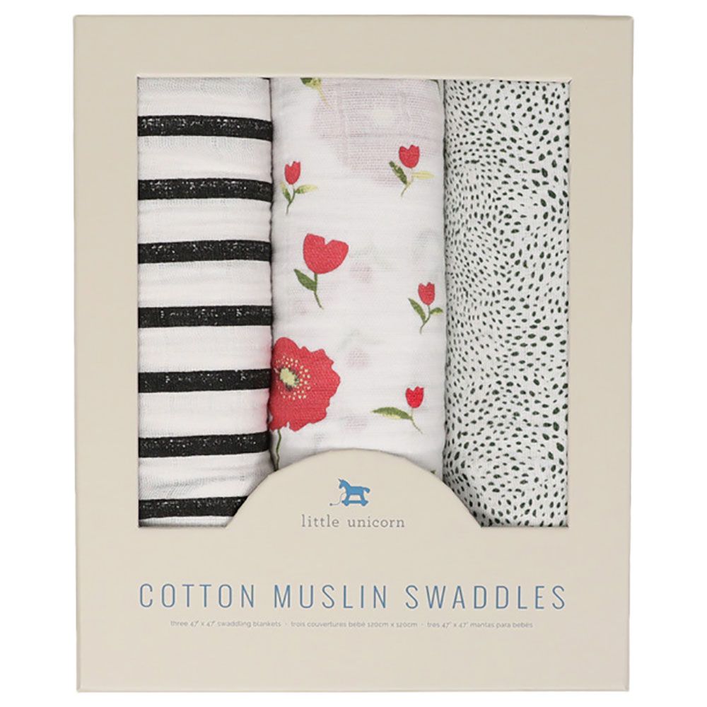 Little Unicorn - Cotton Swaddle Pack of 3 - Summer Poppy 2