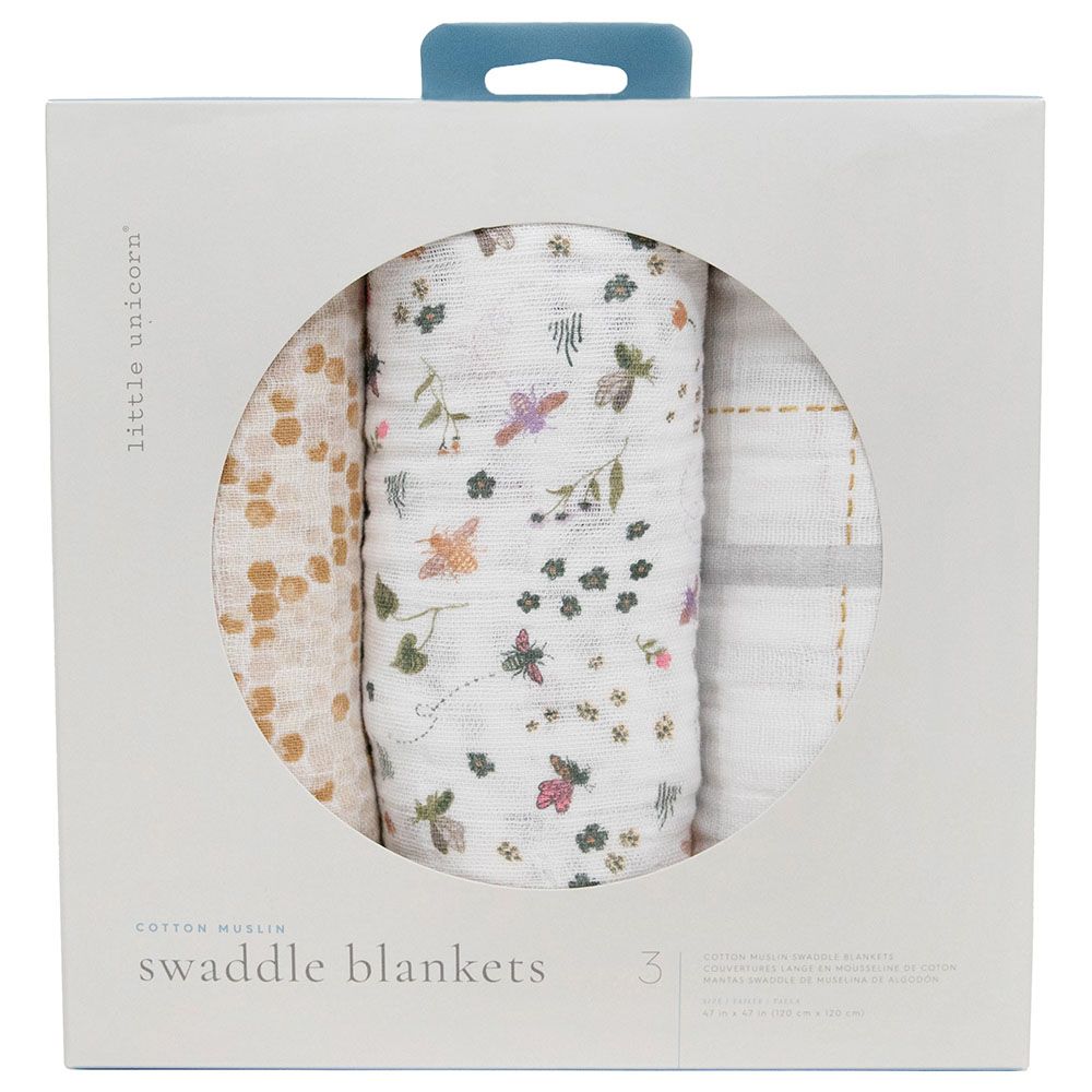 Little Unicorn - Cotton Muslin Swaddle - Pack of 3 - Garden Bees