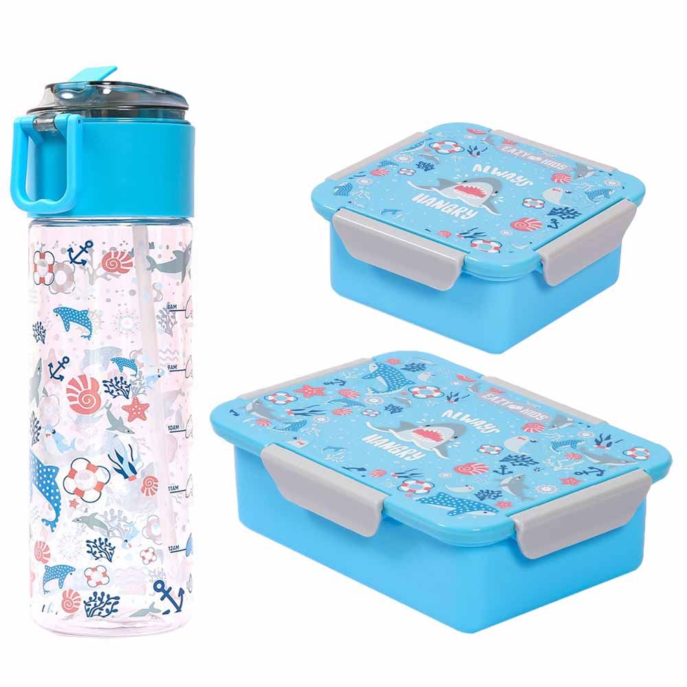 Eazy Kids - Shark Lunch Box & Water Bottle 450ml W/ Snack Box - Blue