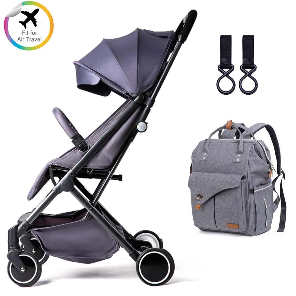 Teknum Grey Travel Lite Stroller + Alameda Diaper Backpack - Large - Grey with Hooks