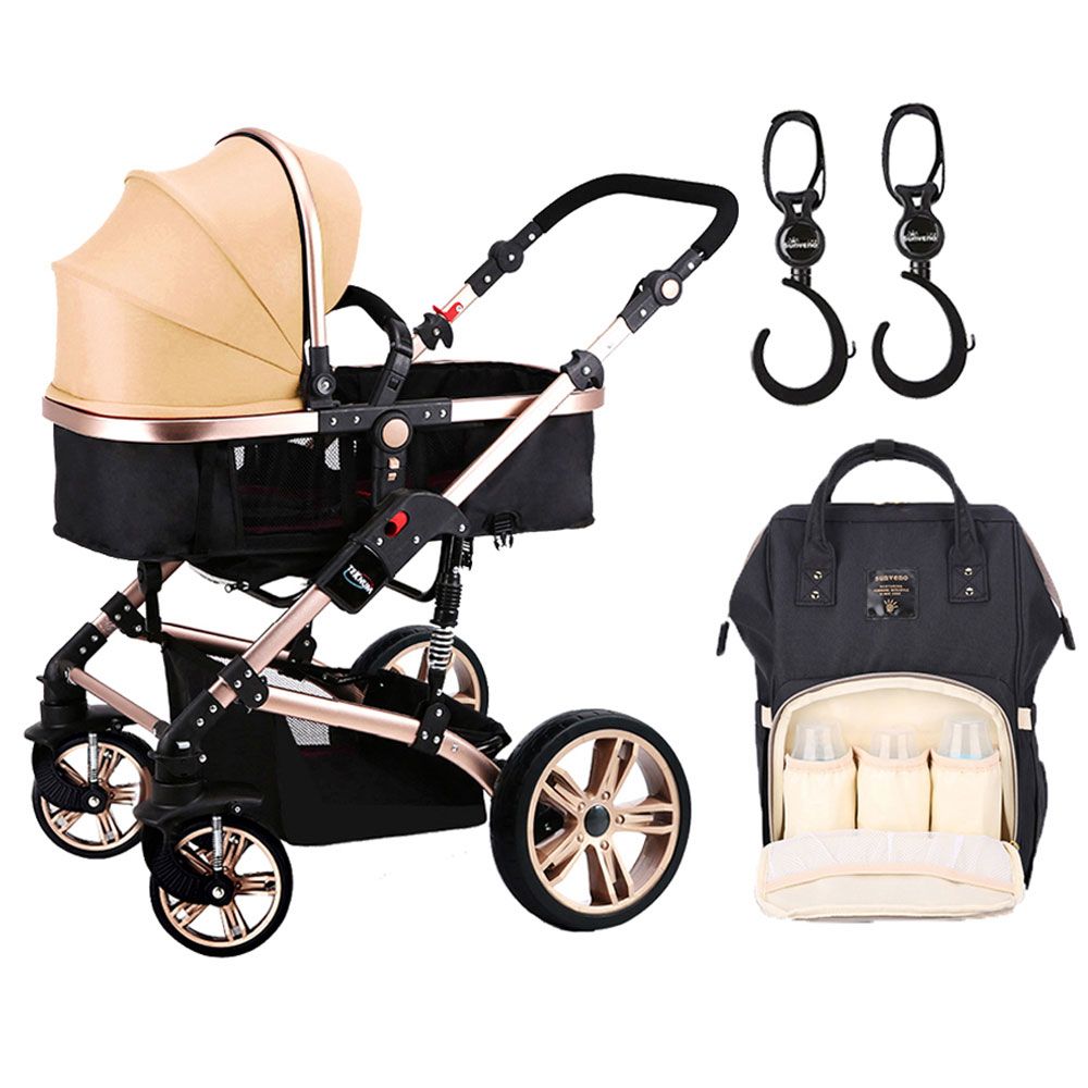 Teknum - 3 in 1 Pram Stroller, Diaper Bag & Hooks - Khaki Black