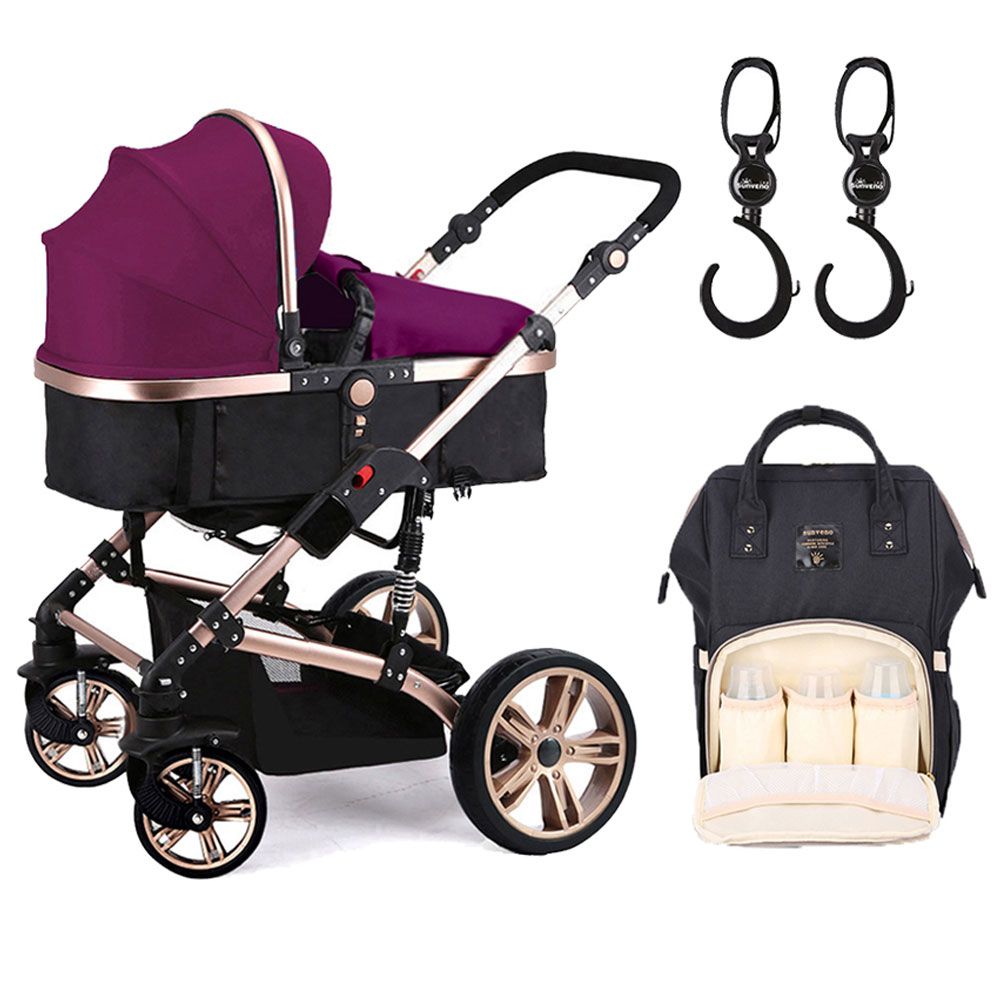 Teknum - 3-in-1 Pram Stroller, Diaper Bag & Hooks Wine - Black