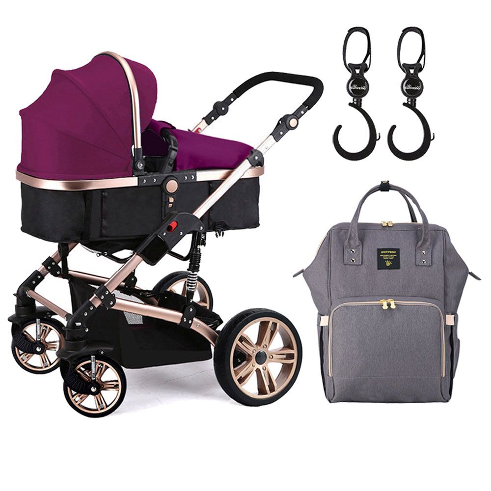 Teknum - 3 in 1 Pram Stroller, Diaper Bag & Hooks - Wine Grey