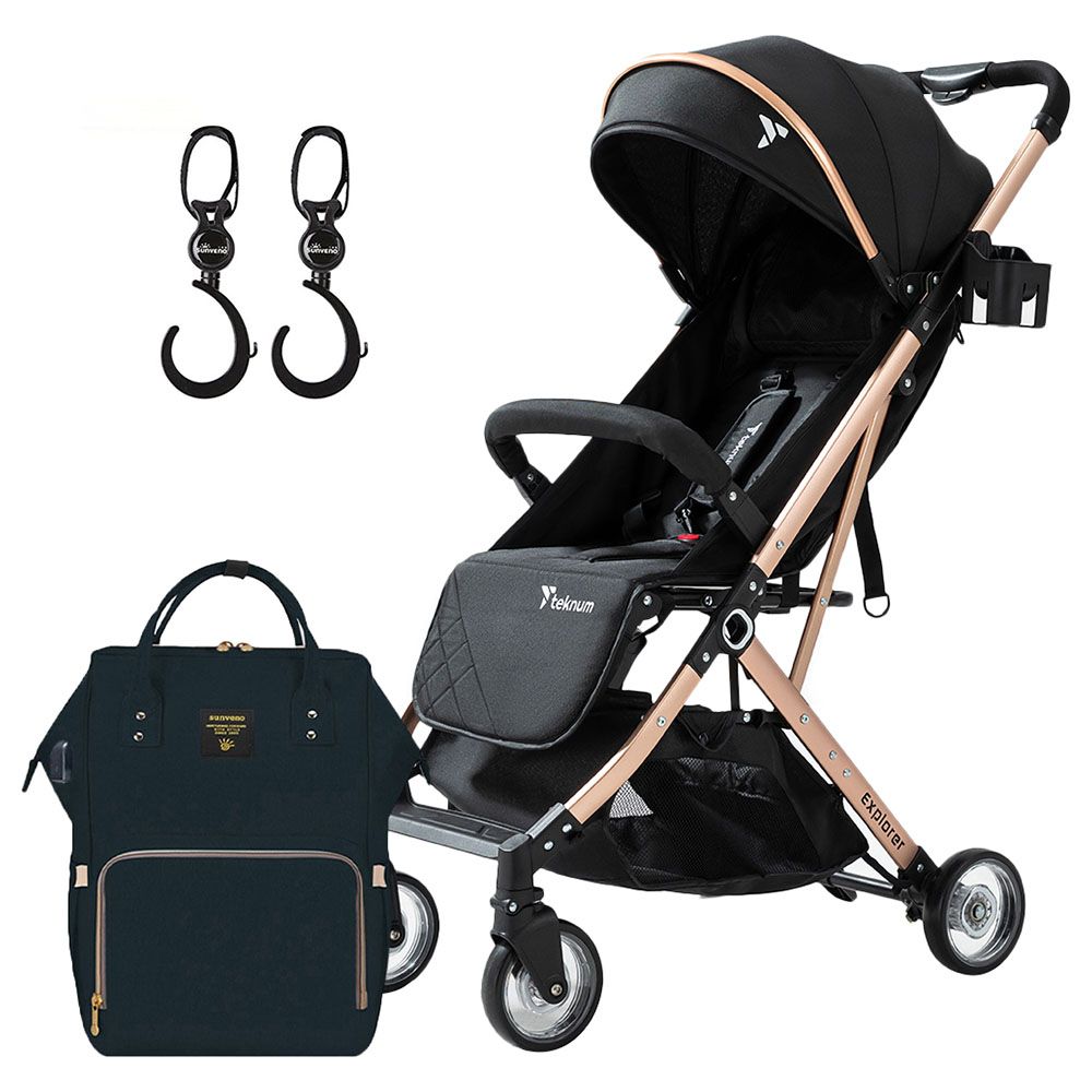 Teknum - Explorer Stroller W/ Diaper Bag & Accessories - Black