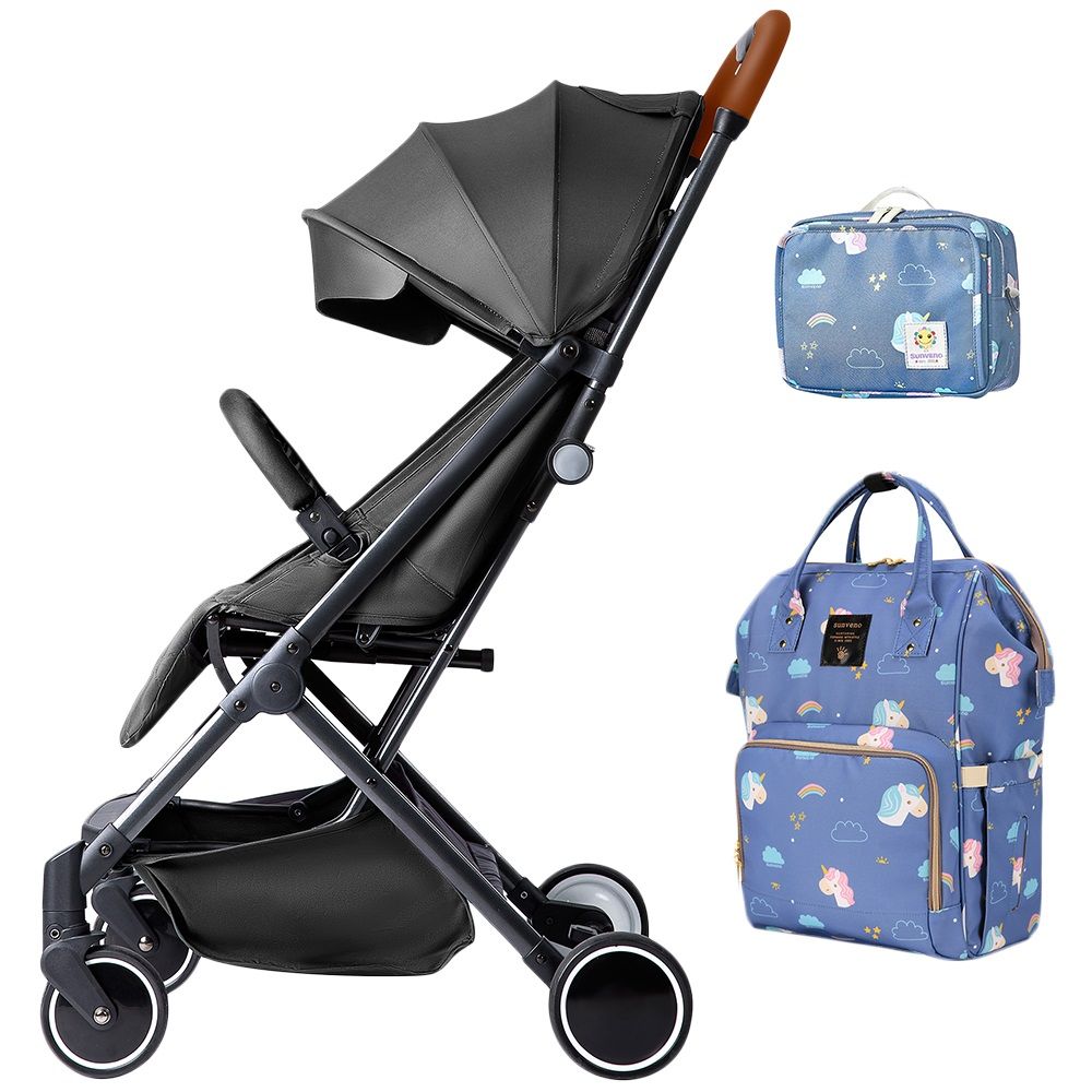 Teknum - Travel Lite Stroller - Black With Sunveno Unicorn Diaper Bag and Clutch Combo