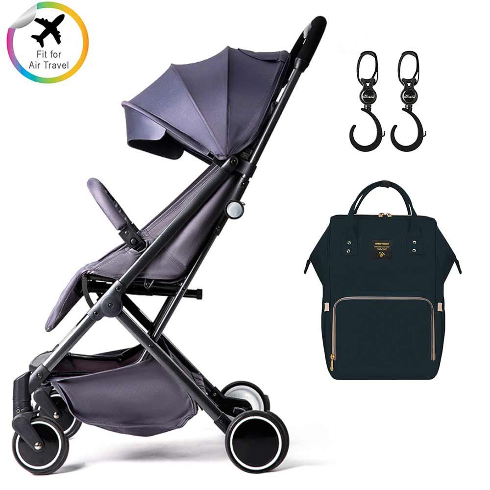 Teknum - Grey Travel Lite Stroller + Sunveno Diaper Bag Black with Hooks