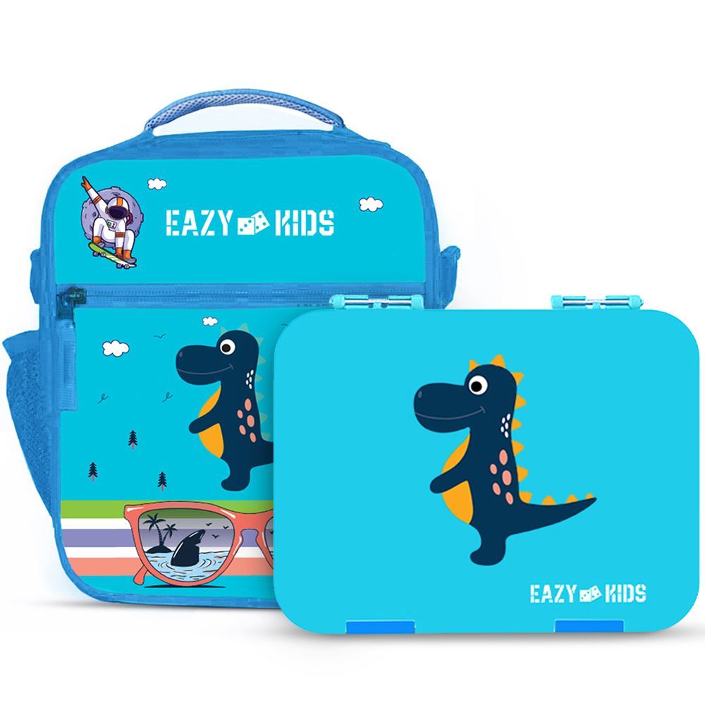 Eazy Kids - 4-6 Compartments Bento Boxes w/ Insulated Lunch Bag 7L - Dino Blue