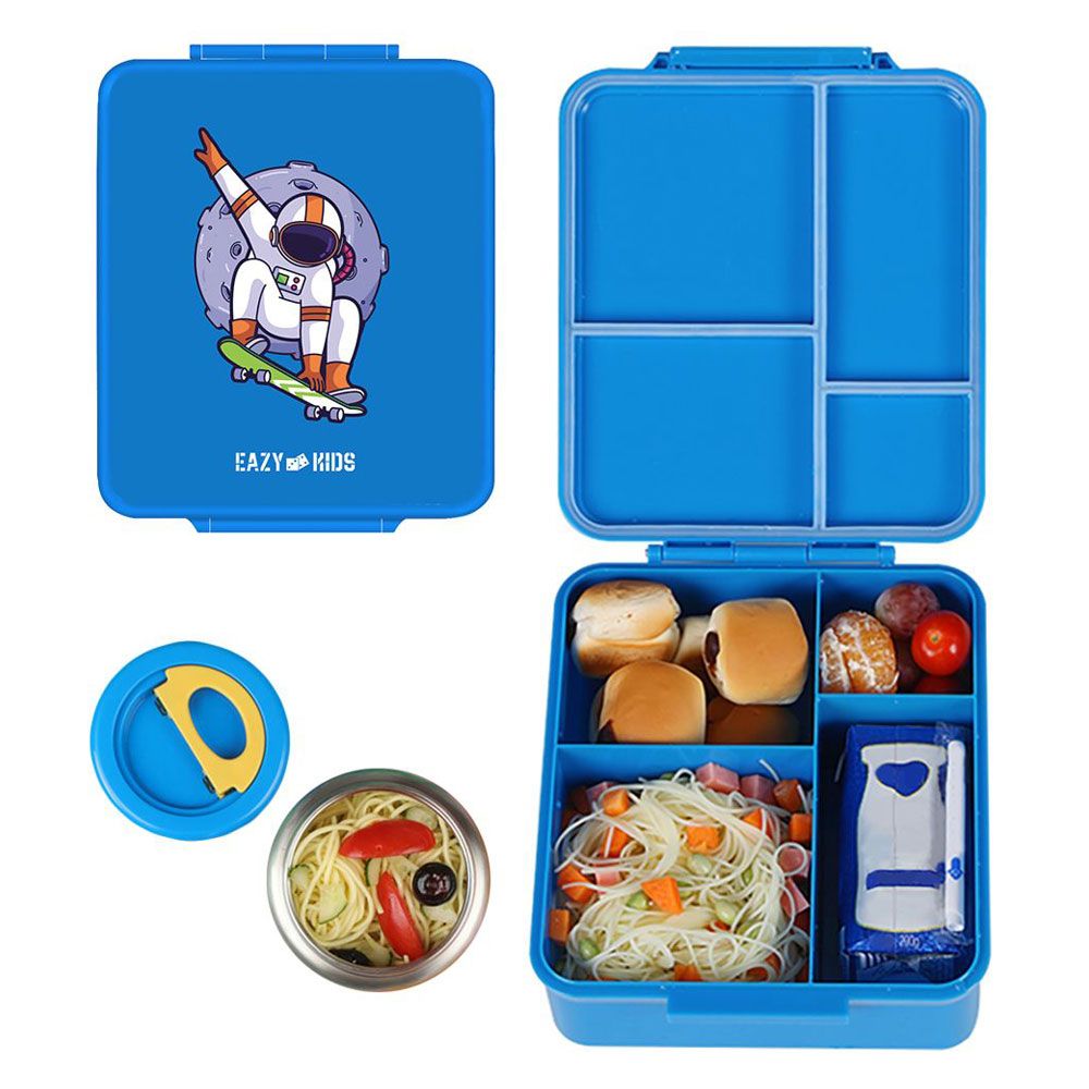 Eazy Kids - 4 Compartments Jumbo Bento Lunch Box W Insulated Jar Blue