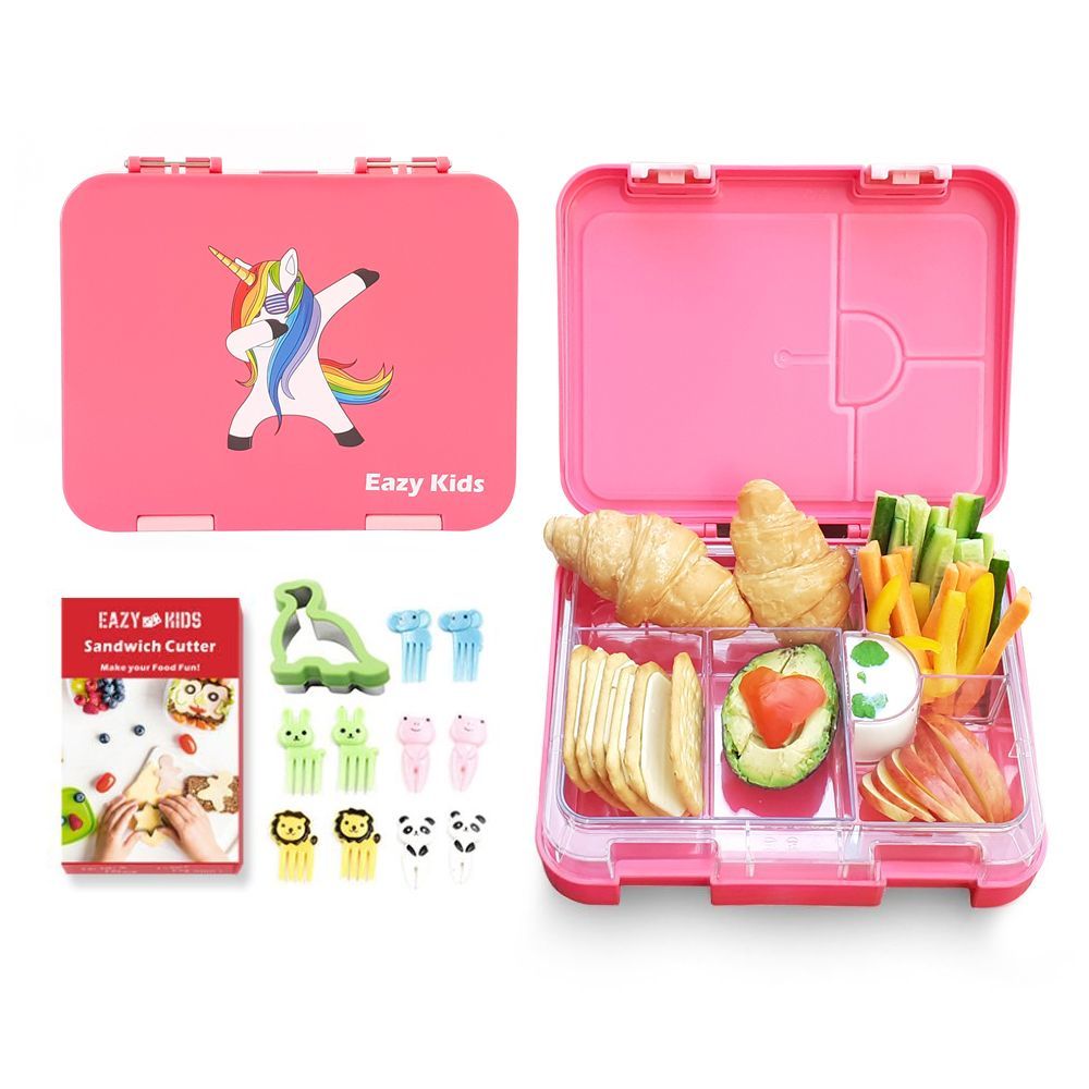 Eazy Kids 6 & 4 Convertible Bento Lunch Box w/ sandwich cutter- Unicorn Pink