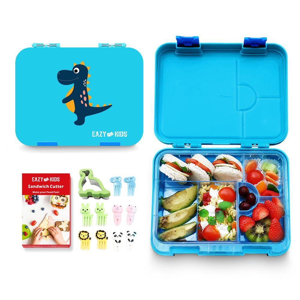 Eazy Kids 6 & 4 Convertible Bento Lunch Box w/ sandwich cutter- Dino Blue