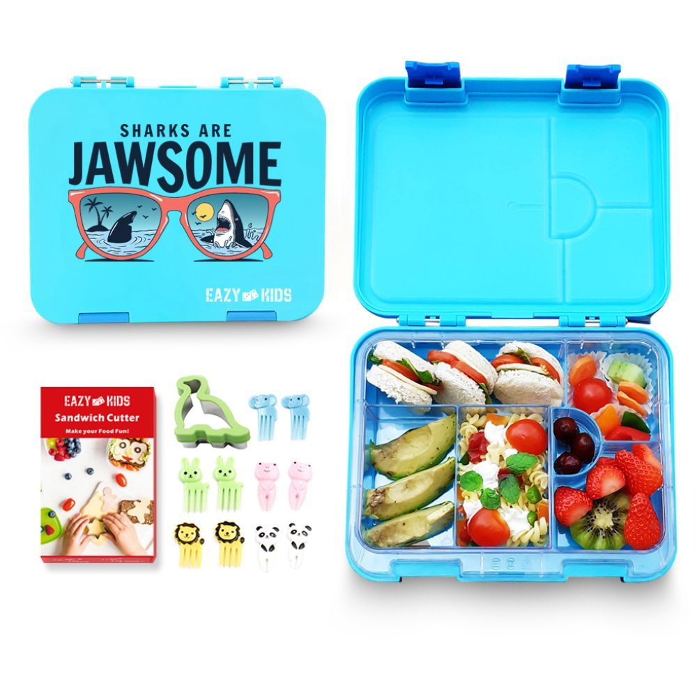 Eazy Kids - 6 4 Convertible Bento Lunch Box w Sandwich Cutter Set - Jawsome Blue