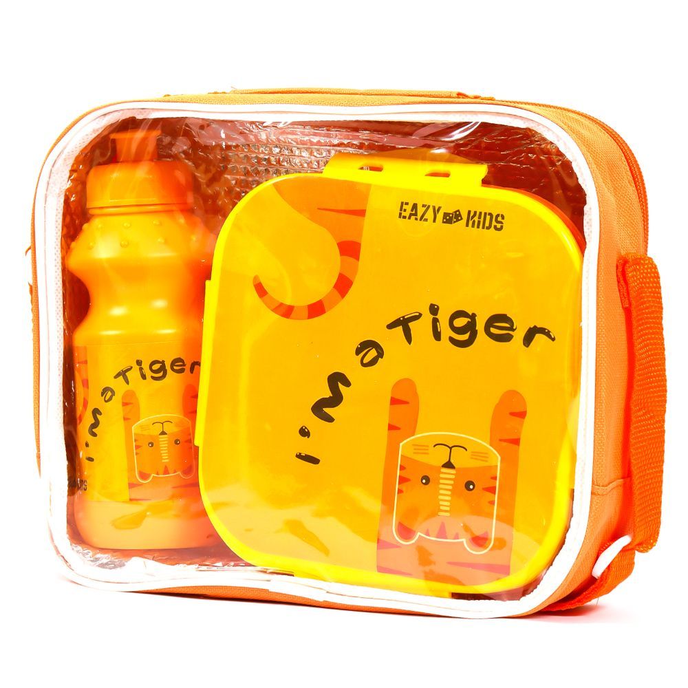 Eazy Kids Lunch Box and Water Bottle With Bag - Tiger Yellow