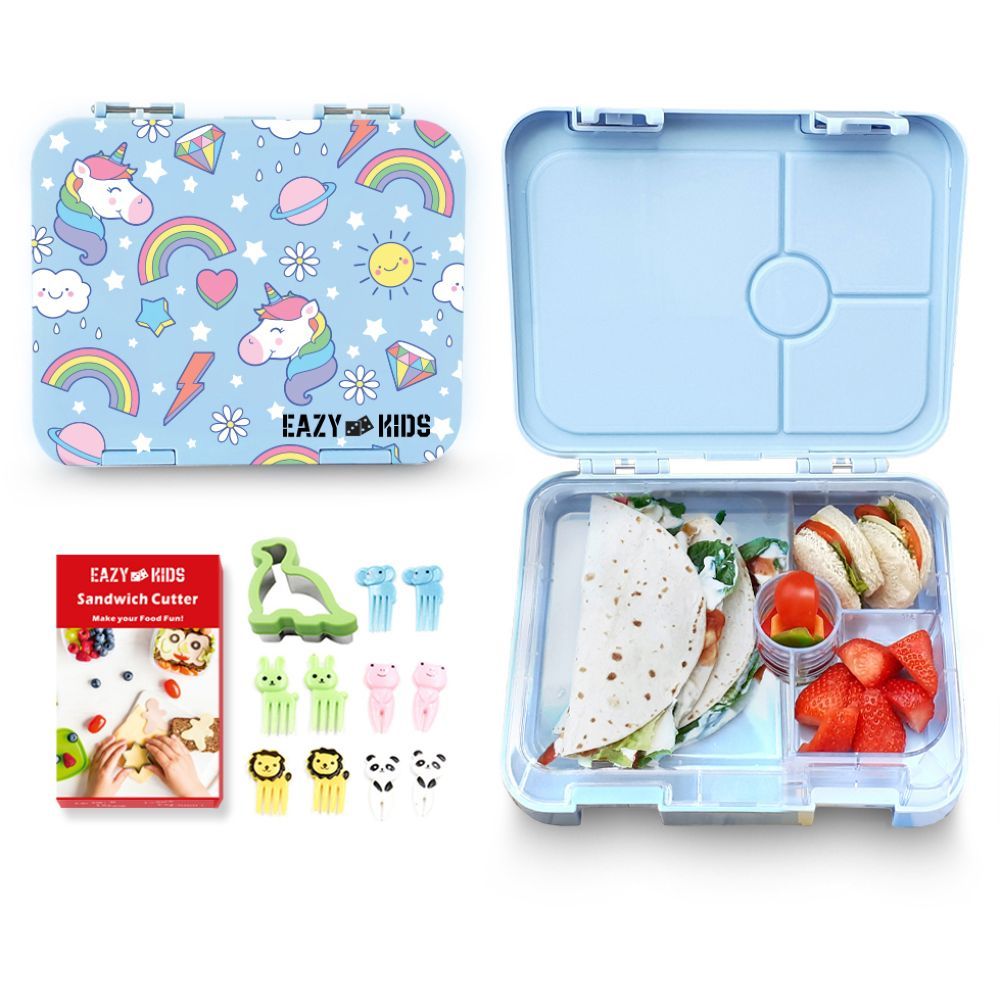 Eazy Kids 4 Compartment Bento Lunch Box w Sandwich Cutter Set Unicorn Blue