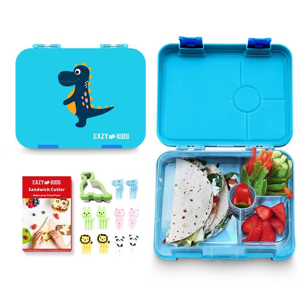 Eazy Kids 4 Compartment Bento Lunch Box w/ sandwich cutter- Dino Blue