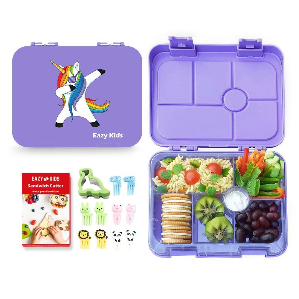 Eazy Kids - 6 Compartment Bento Lunch Box w/ sandwich cutter- Unicorn Purple