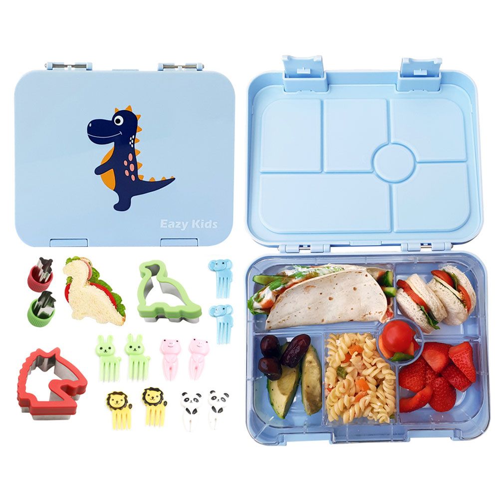 Eazy Kids - 6 Compartment Bento Lunch Box w/ Sandwich Cutter Set - Dino Grey Blue