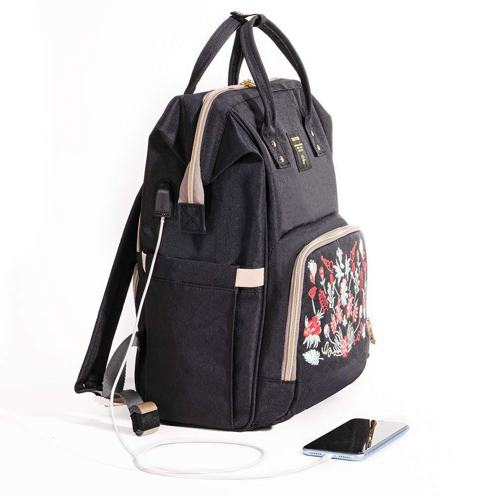 Sunveno - Diaper Bag with USB - Black Embroidery