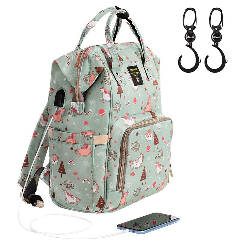 Sunveno - Diaper Bag with USB - Green Dream Sky + Hooks