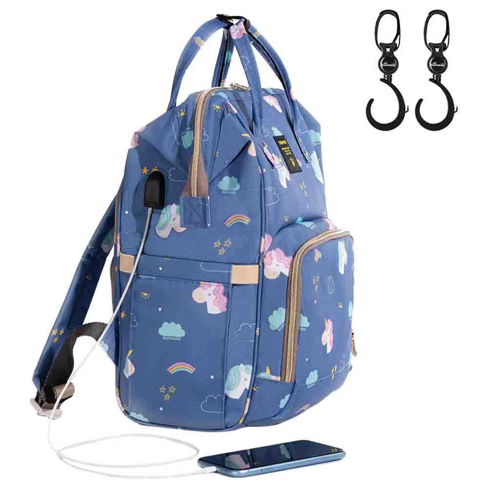 Sunveno - Diaper Bag with USB - Unicorn Blue with Hooks