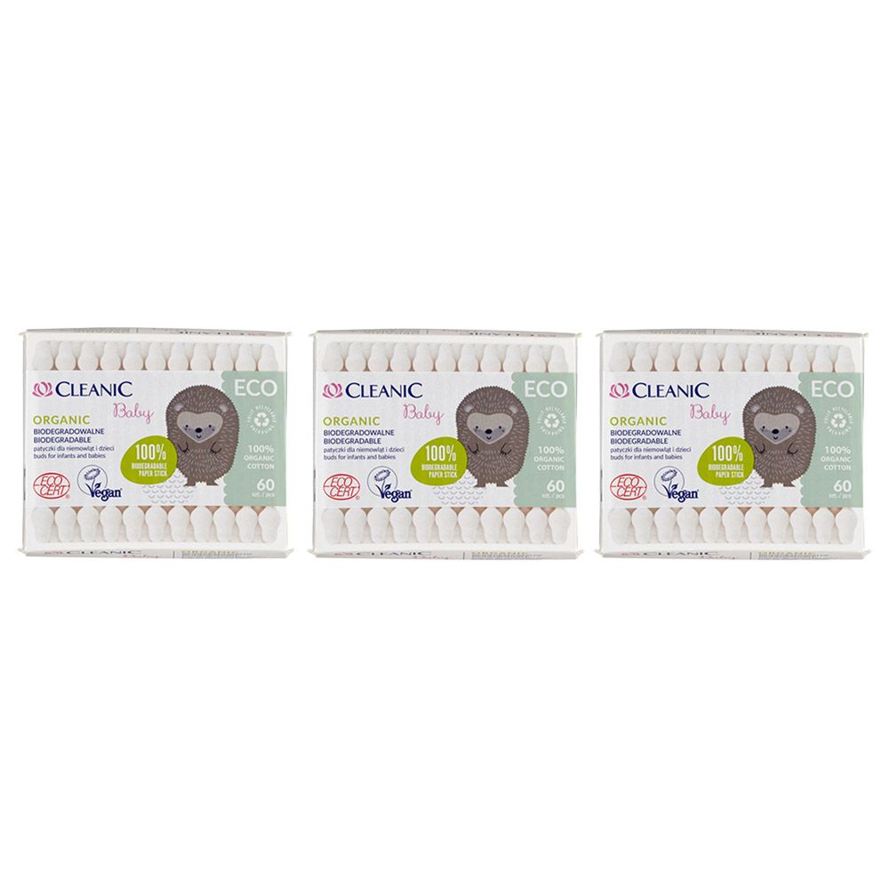 Cleanic - Baby Eco Organic Cotton Buds 60pcs - Pack of 3