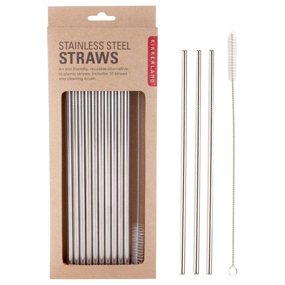 Kikkerland - Stainless Steel Straws - Pack of 10 - Silver