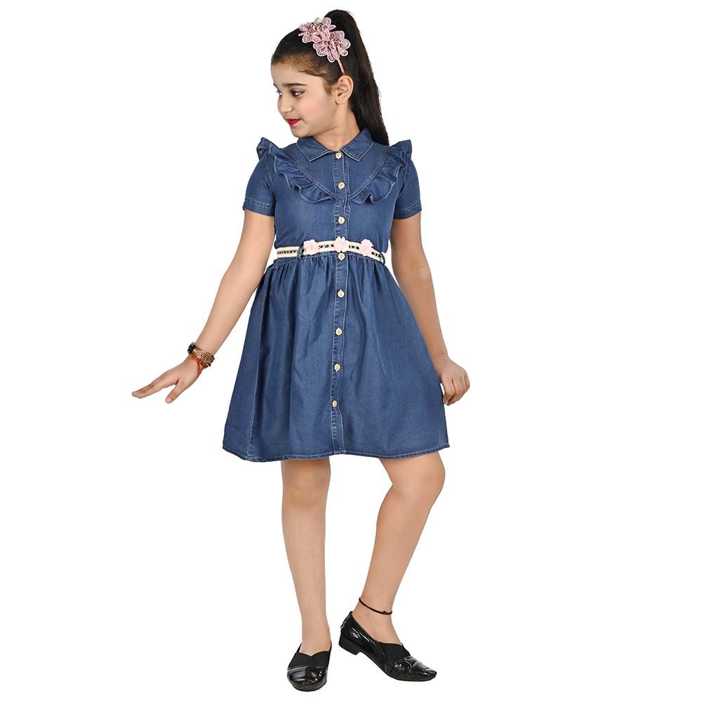 Flower Girl - Girl Denim Dress - Navy Blue