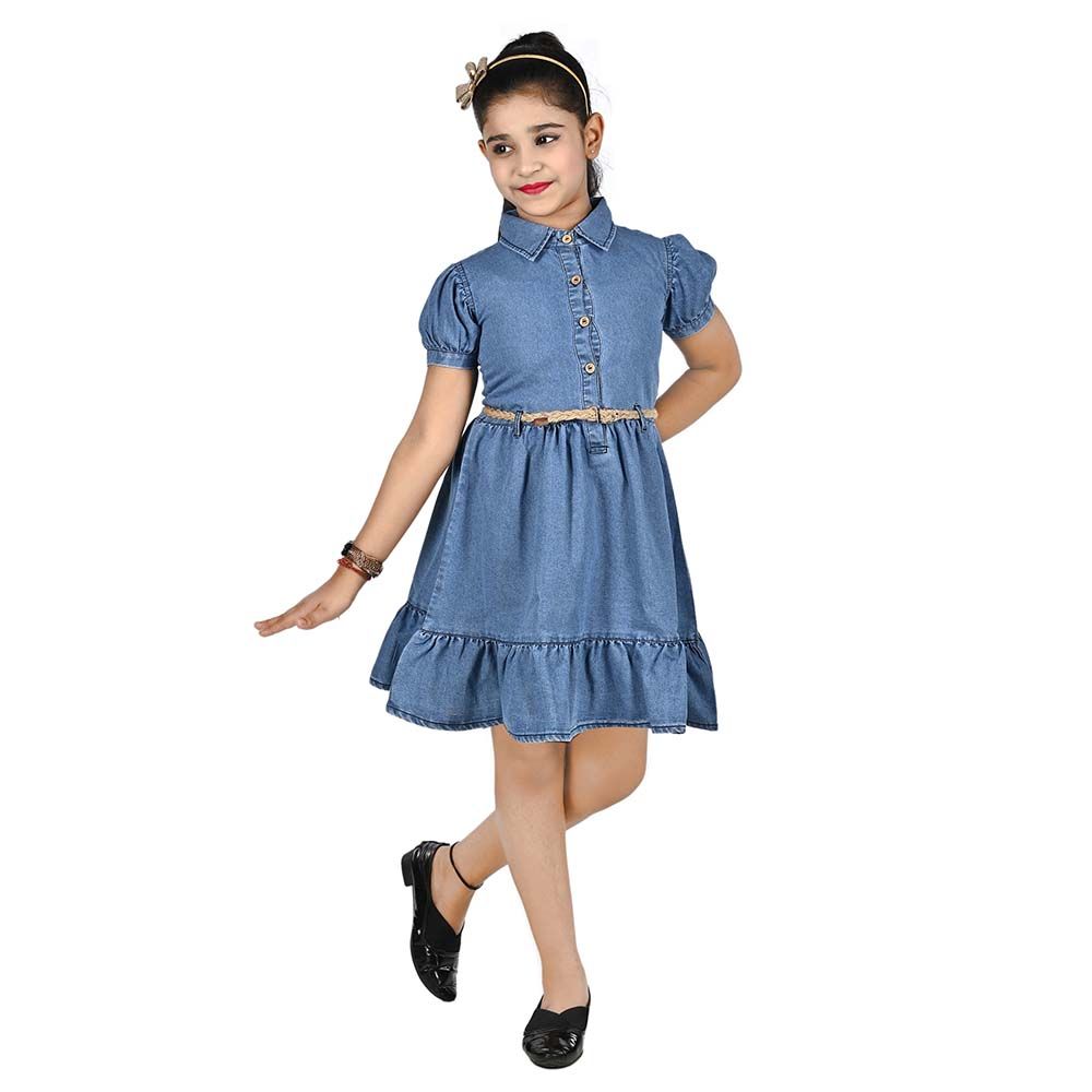 Flower Girl - Girl Collar Neck Denim Dress - Blue