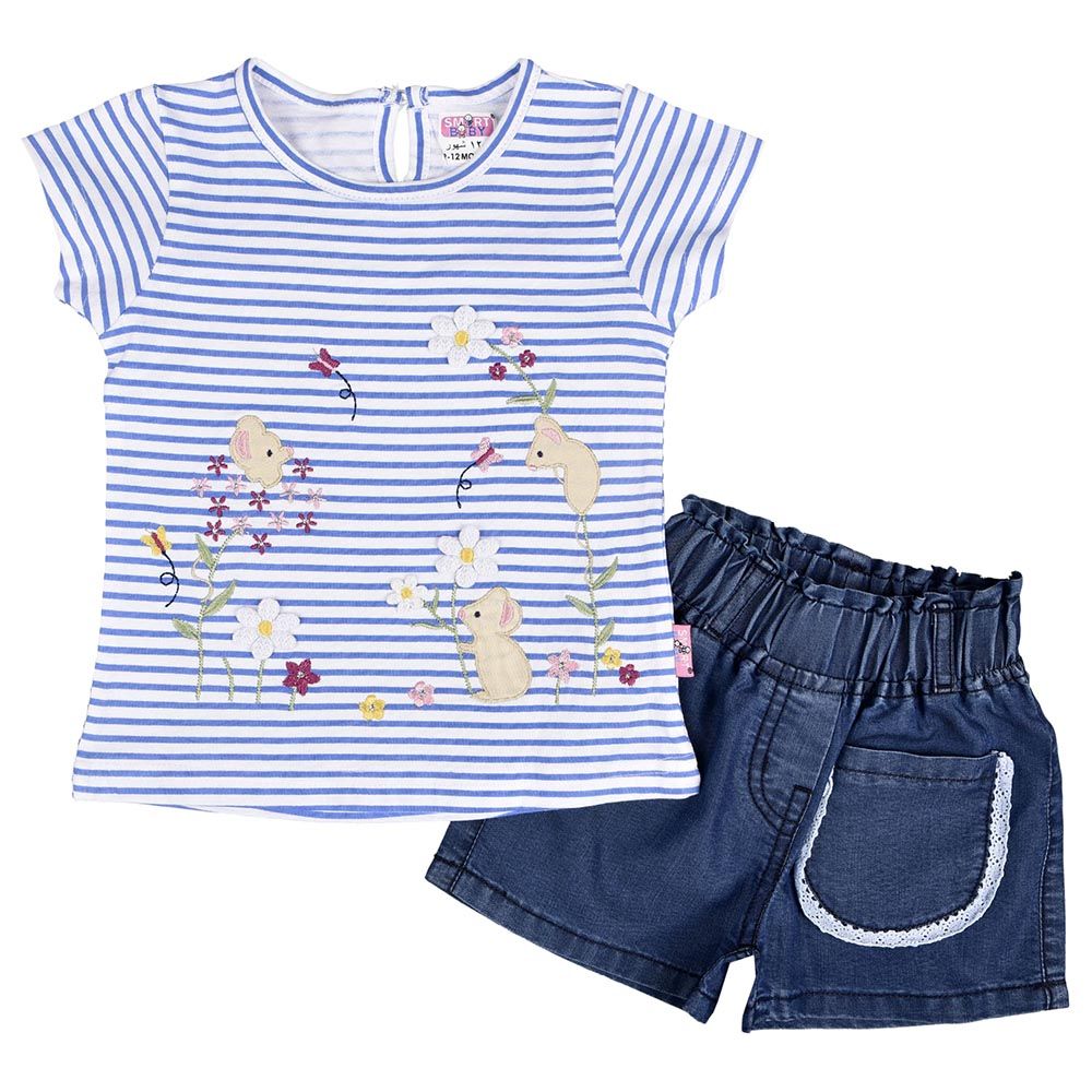 Smart Baby - 2pc-Set - Baby Girl Top & Denim Shorts - Blue